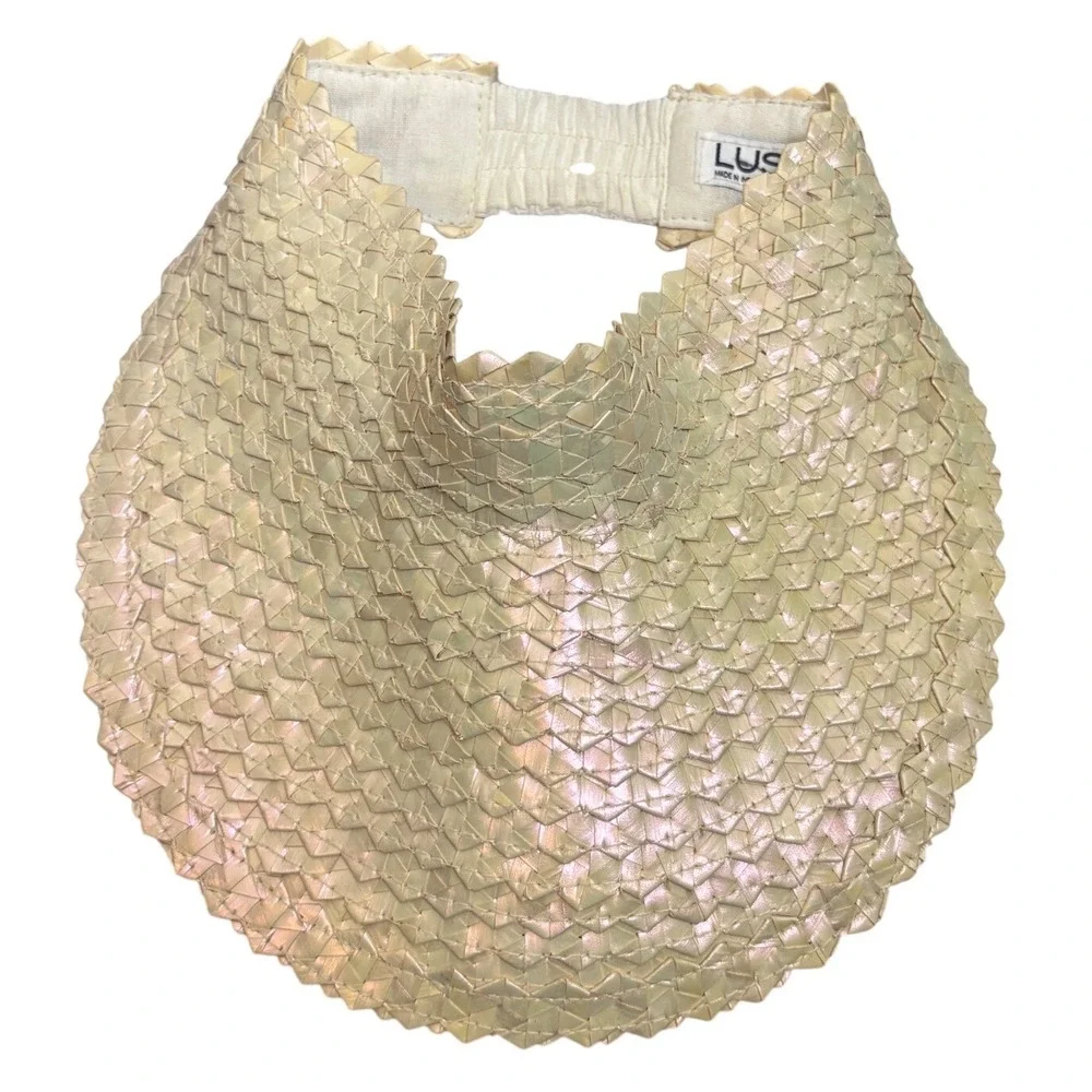 Lusana Baha Tan Iridescent Woven Straw Visor Scalloped Edge Sun Hat Elastic Back